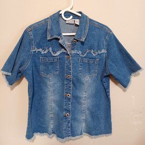 Vintage Carolina Blues Denim Shirt XL Raw Edges Button Down Short Sleeve Western